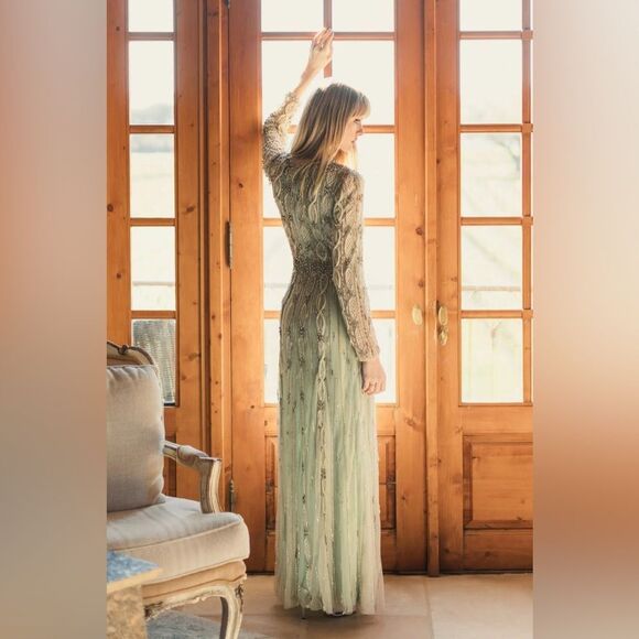 MAC DUGGAL 10077 Green Embellished Mesh Long Sleeve A Line Gown - Picture 6 of 15